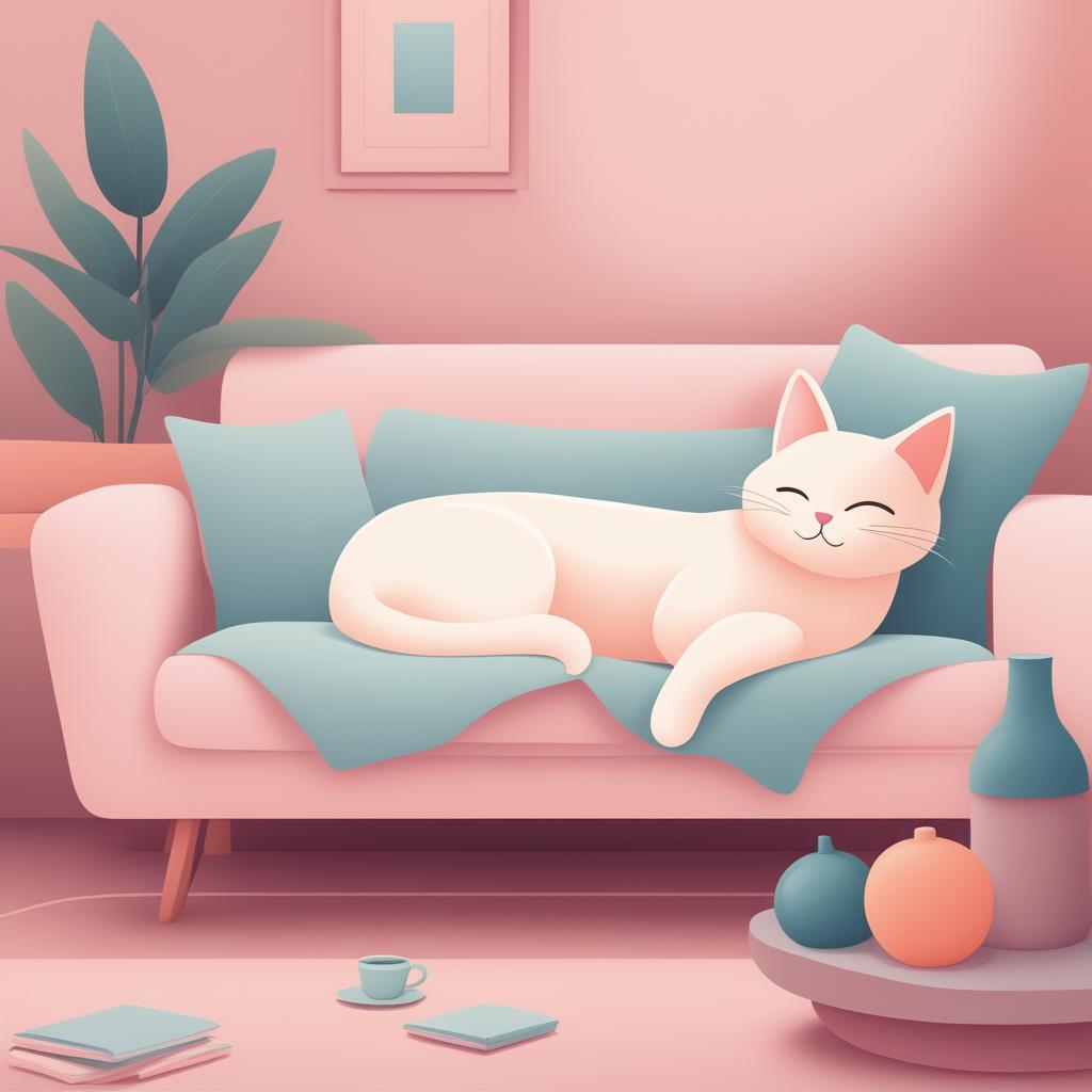 A high-quality, digital cartoon illustration of a cat lounging on a couch, rendered in a soothing pastel color palette