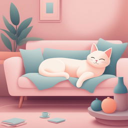 A high-quality, digital cartoon illustration of a cat lounging on a couch, rendered in a soothing pastel color palette