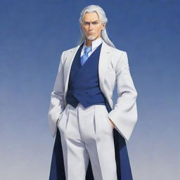 Create a full-body image of a middle-aged, tall, smart, and handsome anime man with an appearance of a minister. He has long, silver-white hair tied up, striking blue eyes, and is dressed neatly in a gorgeous outfit.