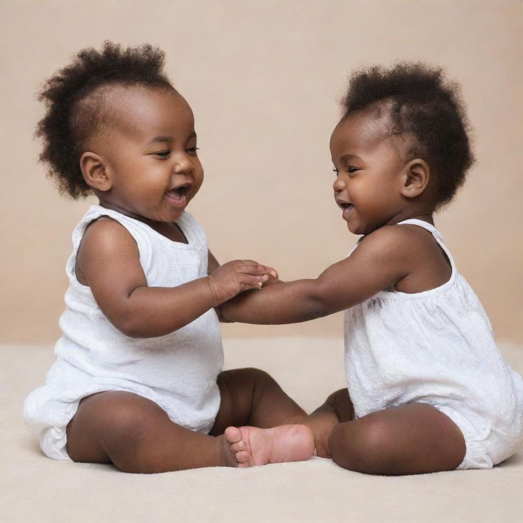 A white baby and a black baby joyfully playing together