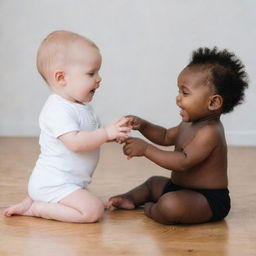 A white baby and a black baby joyfully playing together