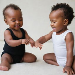 A white baby and a black baby joyfully playing together