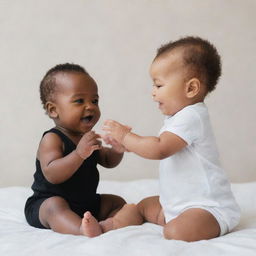 A white baby and a black baby joyfully playing together