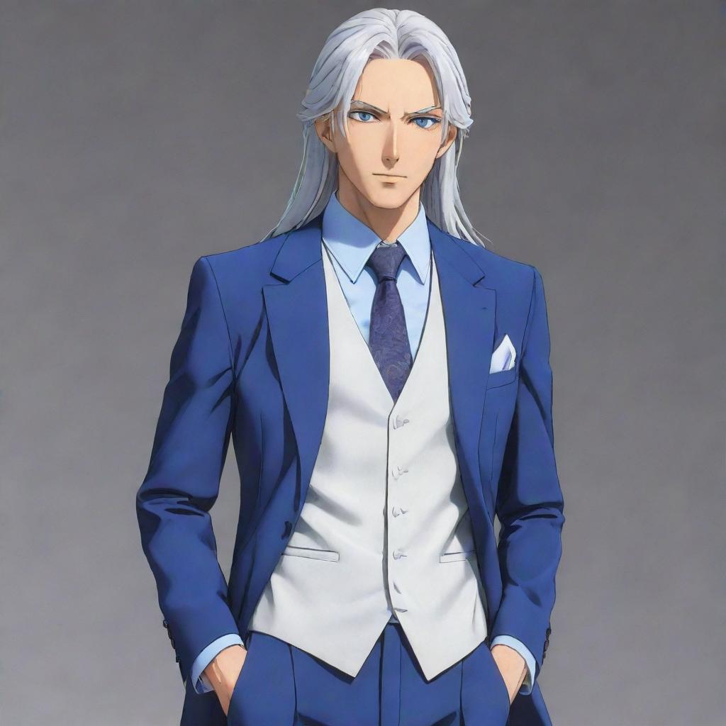 Generate an image of a tall, smart, handsome, and manly anime character resembling a minister. Display a full-body view of him with long, tied-up silver-white hair, blue eyes, and dressed in a neat, gorgeous suit.