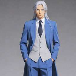 Generate an image of a tall, smart, handsome, and manly anime character resembling a minister. Display a full-body view of him with long, tied-up silver-white hair, blue eyes, and dressed in a neat, gorgeous suit.