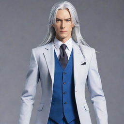 Generate an image of a tall, smart, handsome, and manly anime character resembling a minister. Display a full-body view of him with long, tied-up silver-white hair, blue eyes, and dressed in a neat, gorgeous suit.