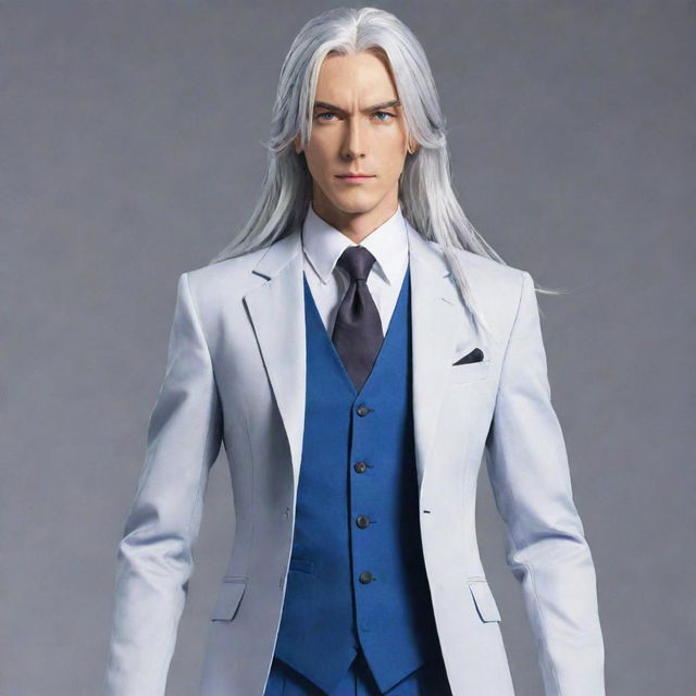 Generate an image of a tall, smart, handsome, and manly anime character resembling a minister. Display a full-body view of him with long, tied-up silver-white hair, blue eyes, and dressed in a neat, gorgeous suit.