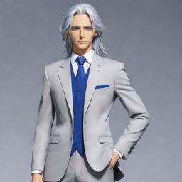 Generate an image of a tall, smart, handsome, and manly anime character resembling a minister. Display a full-body view of him with long, tied-up silver-white hair, blue eyes, and dressed in a neat, gorgeous suit.