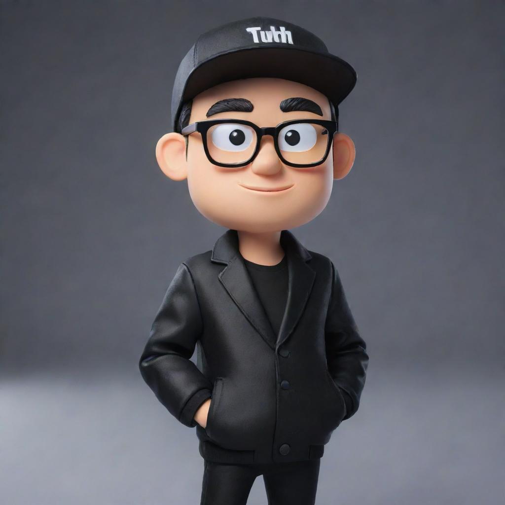 Adjust the 2D mascot for the YouTube channel 'IgnSpy' so he is sporting a stylish black jacket and black glasses. Additionally, he should be wearing a cap, black or white in color to accentuate his cool persona.