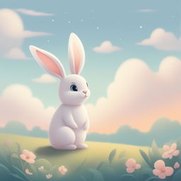 A high-quality, digital cartoon illustration of a bunny in a field, rendered in a tranquil pastel color palette