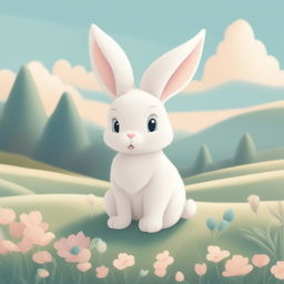 A high-quality, digital cartoon illustration of a bunny in a field, rendered in a tranquil pastel color palette