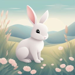 A high-quality, digital cartoon illustration of a bunny in a field, rendered in a tranquil pastel color palette