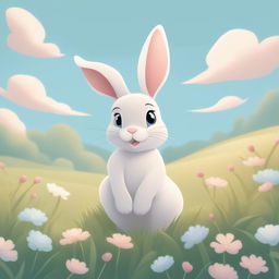 A high-quality, digital cartoon illustration of a bunny in a field, rendered in a tranquil pastel color palette