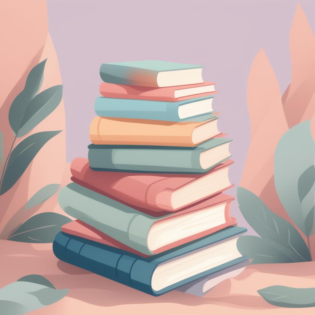 A high-quality, digital cartoon illustration of a stack of books, rendered in a tranquil pastel color palette