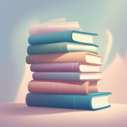 A high-quality, digital cartoon illustration of a stack of books, rendered in a tranquil pastel color palette