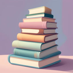 A high-quality, digital cartoon illustration of a stack of books, rendered in a tranquil pastel color palette