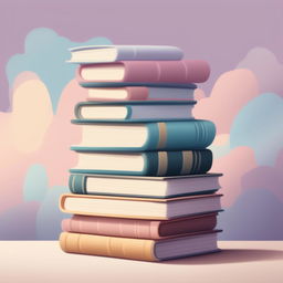 A high-quality, digital cartoon illustration of a stack of books, rendered in a tranquil pastel color palette