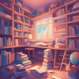 A high-quality, digital cartoon illustration of a cluttered study, filled with stacks of books and rendered in a warm pastel color palette