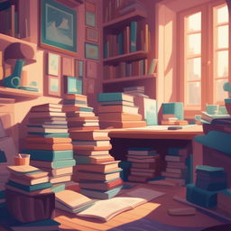 A high-quality, digital cartoon illustration of a cluttered study, filled with stacks of books and rendered in a warm pastel color palette