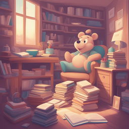 A high-quality, digital cartoon illustration of a cluttered study, filled with stacks of books and rendered in a warm pastel color palette