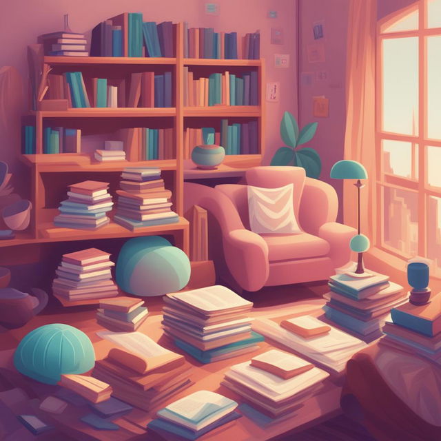 A high-quality, digital cartoon illustration of a cluttered study, filled with stacks of books and rendered in a warm pastel color palette