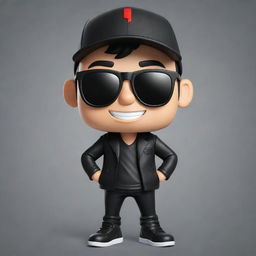 Transform the bottom left 2D mascot for the YouTube channel 'IgnSpy' by adding a stylish black jacket, black sunglasses, and either a black or white cap, enhancing his cool and trendy persona.