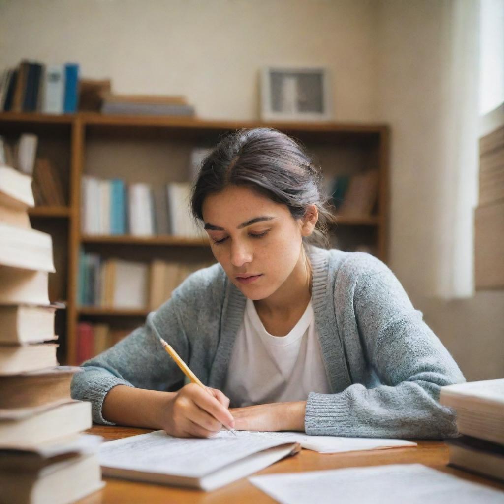 A focused girl engrossed in her studies, surrounded by books and notes, in a quiet, well-lit room