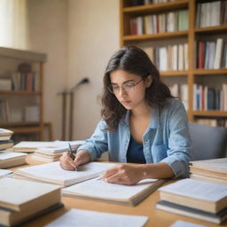 A focused girl engrossed in her studies, surrounded by books and notes, in a quiet, well-lit room