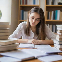 A focused girl engrossed in her studies, surrounded by books and notes, in a quiet, well-lit room