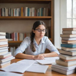 A focused girl engrossed in her studies, surrounded by books and notes, in a quiet, well-lit room