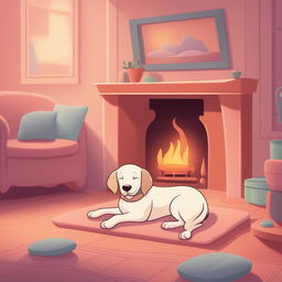 A high-quality, digital cartoon illustration of a dog sleeping by a fireplace, rendered in a warm pastel color palette