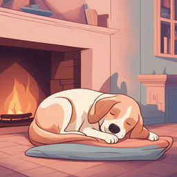 A high-quality, digital cartoon illustration of a dog sleeping by a fireplace, rendered in a warm pastel color palette