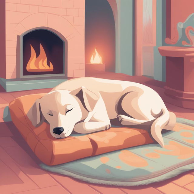 A high-quality, digital cartoon illustration of a dog sleeping by a fireplace, rendered in a warm pastel color palette