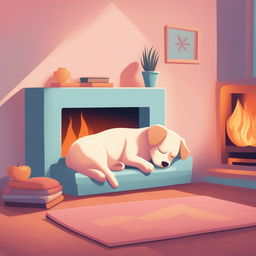 A high-quality, digital cartoon illustration of a dog sleeping by a fireplace, rendered in a warm pastel color palette