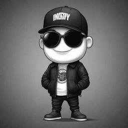 Update the bottom left 2D mascot for the YouTube channel 'IgnSpy'. Give him a black jacket, black sunglasses, and a black or white cap. Add a sketch-like texture to his overall design, making him look edgy and artistic.