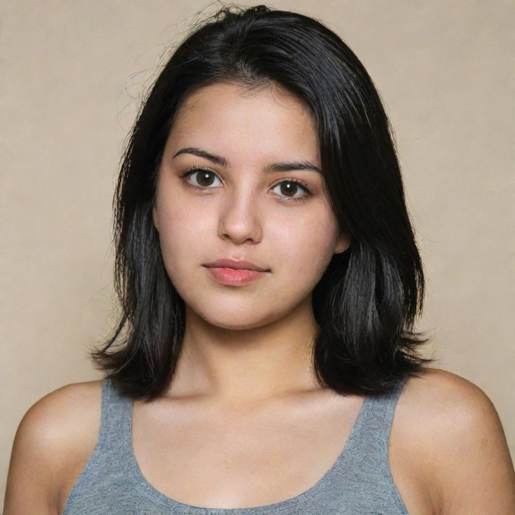 A 25-year-old girl with a slightly chubby face, waist-length straight black hair, and dark brown eyes