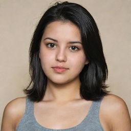 A 25-year-old girl with a slightly chubby face, waist-length straight black hair, and dark brown eyes