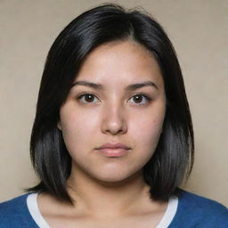 A 25-year-old girl with a slightly chubby face, waist-length straight black hair, and dark brown eyes