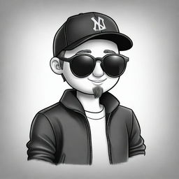 Revise the bottom left 2D mascot for the YouTube channel 'IgnSpy'. Add a black jacket, black sunglasses, and a black or white cap, and create a pencil-drawn sketch effect to enhance his appearance with a traditional, hand-drawn style.