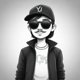 Revise the bottom left 2D mascot for the YouTube channel 'IgnSpy'. Add a black jacket, black sunglasses, and a black or white cap, and create a pencil-drawn sketch effect to enhance his appearance with a traditional, hand-drawn style.