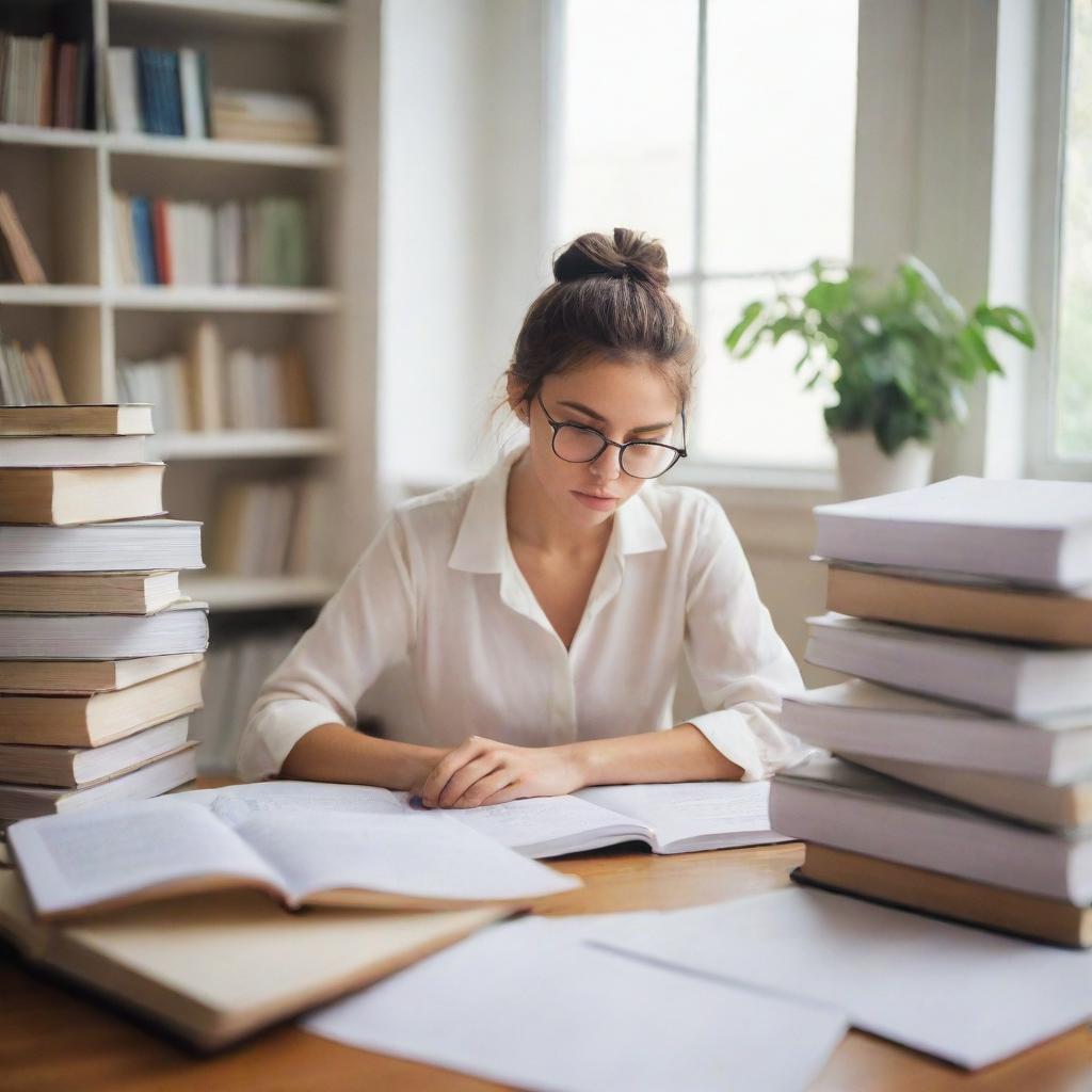 A focused girl studying surrounded by books and notes, dressed in a beautiful and stylish outfit, in a quiet, well-lit room.