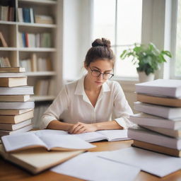 A focused girl studying surrounded by books and notes, dressed in a beautiful and stylish outfit, in a quiet, well-lit room.