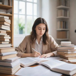 A focused girl studying surrounded by books and notes, dressed in a beautiful and stylish outfit, in a quiet, well-lit room.