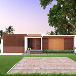 Design a 1-floor house on 1800 sq mt land, dimensions 40*45 mt, including 4 rooms, a toilet, a pooja room, parking area, and lawns on three sides.