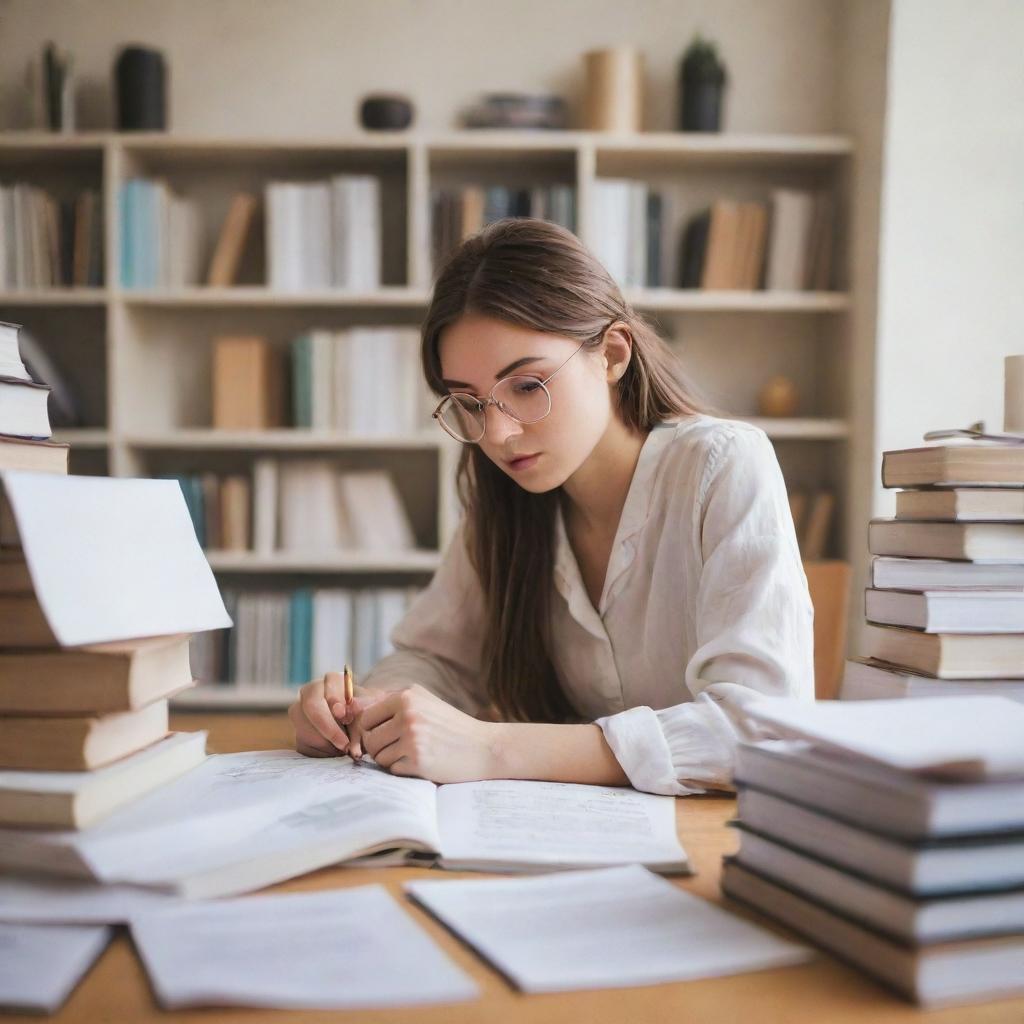 A focused girl studying surrounded by books and notes, dressed in a beautiful and stylish outfit, in a quiet, well-lit room.