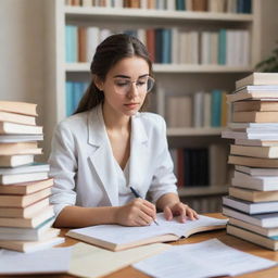 A focused girl studying surrounded by books and notes, dressed in a beautiful and stylish outfit, in a quiet, well-lit room.