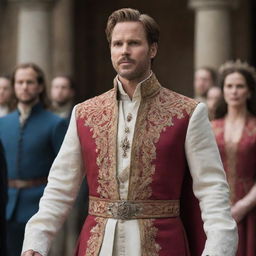 Prince Alaric, in a grand royal court, boldly declaring his intent to marry Elara. Capture the appalled reactions of the courtiers and advisors, the air thick with tension and disapproval