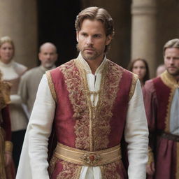 Prince Alaric, in a grand royal court, boldly declaring his intent to marry Elara. Capture the appalled reactions of the courtiers and advisors, the air thick with tension and disapproval