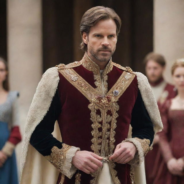 Prince Alaric, in a grand royal court, boldly declaring his intent to marry Elara. Capture the appalled reactions of the courtiers and advisors, the air thick with tension and disapproval