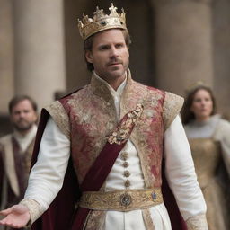 Prince Alaric, in a grand royal court, boldly declaring his intent to marry Elara. Capture the appalled reactions of the courtiers and advisors, the air thick with tension and disapproval